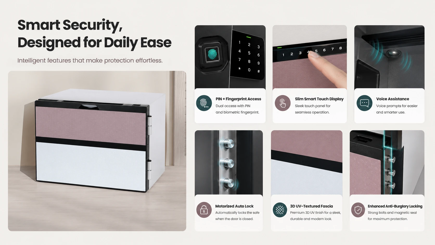 Ornis smart security features including PIN and fingerprint access, slim smart touch display, voice assistance, motorized auto lock, textured fascia, and enhanced anti-burglary locking.